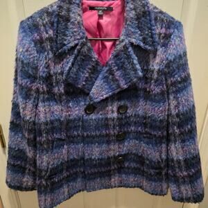Chadwicks Fuzzy Mohair Plaid Pea Coat Jacket Blue Purple 14P